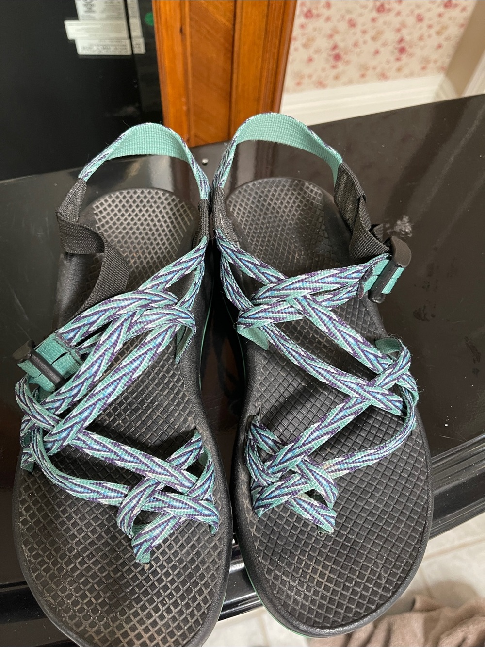 Women's Black Sandals with Teal Multi-Color Straps
